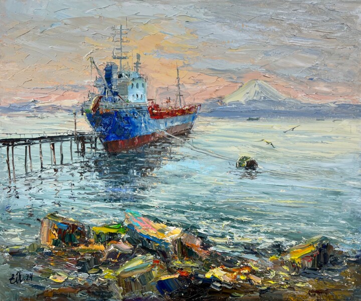Painting titled "Seroglazka Bay in A…" by Evgeniya Polyudova, Original Artwork, Oil Mounted on Wood Stretcher frame