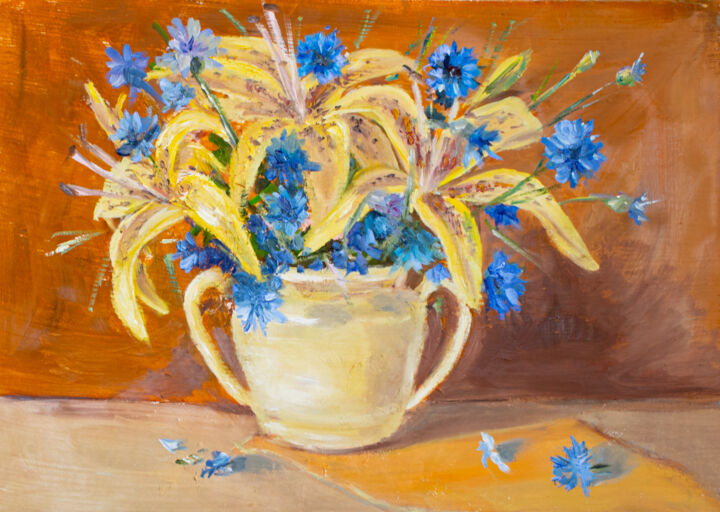 Painting titled "Bouquet of lilies a…" by Evgeniya Zragevskaya, Original Artwork, Oil