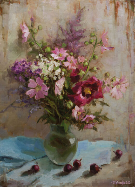 Painting titled "Bouquet with malvas…" by Evgeny Burtsev, Original Artwork, Oil Mounted on Wood Stretcher frame