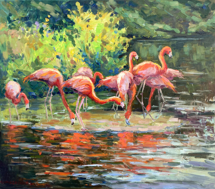 Painting titled "Flamingo" by Evgeny Chernyakovsky, Original Artwork, Oil Mounted on Wood Stretcher frame