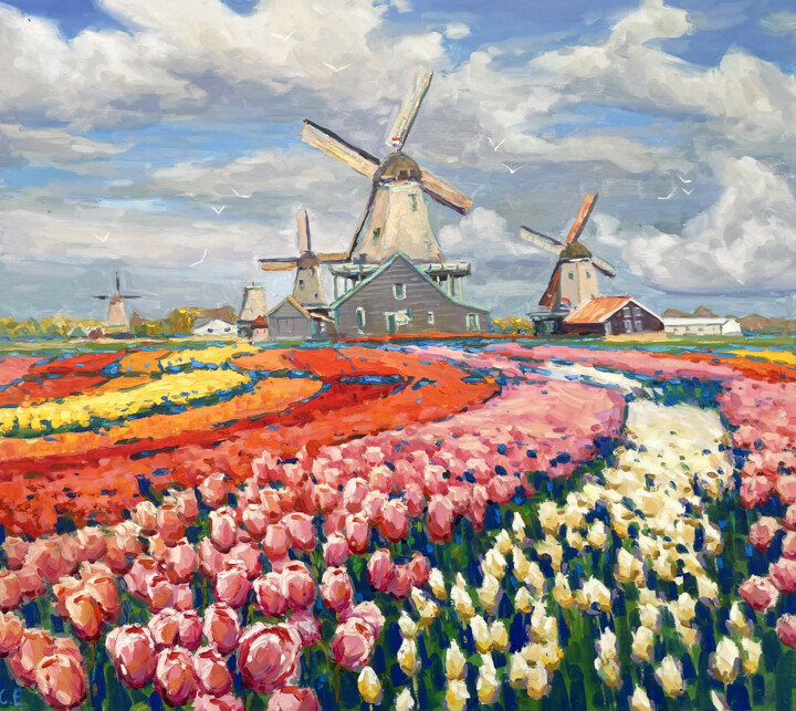 Painting titled "Tulips in Holland" by Evgeny Chernyakovsky, Original Artwork, Oil Mounted on Wood Stretcher frame