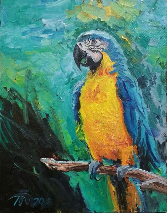 Картина под названием "Попугай" - Evgeny Kovalchuk, Подлинное произведение искусства, Масло