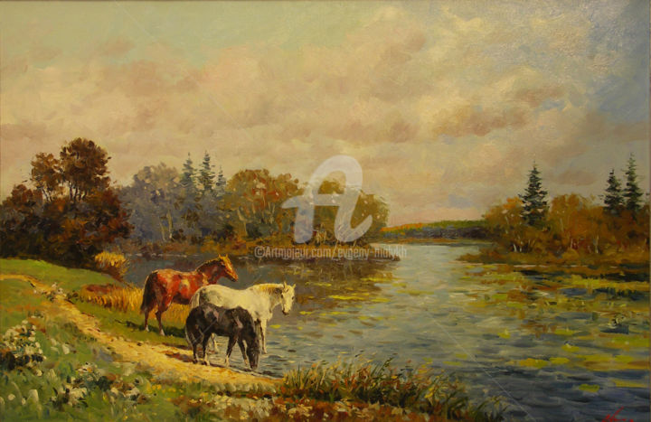 Painting titled "Horses drinking fro…" by Evgeny Malykh, Original Artwork, Oil