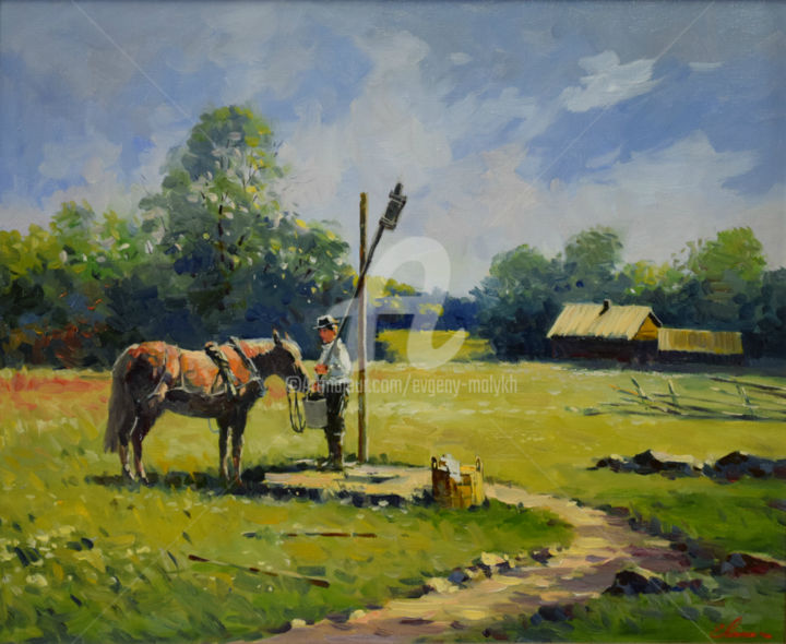 Painting titled "Water for the Horse" by Evgeny Malykh, Original Artwork, Oil
