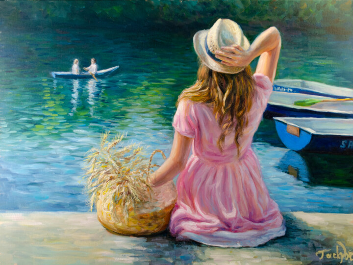 Painting titled "On the Lake" by Evgeny Potapkin, Original Artwork, Oil Mounted on Wood Stretcher frame
