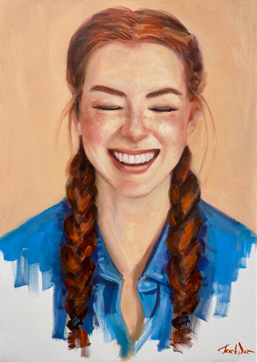 Painting titled "Redhead woman smile…" by Evgeny Potapkin, Original Artwork, Oil Mounted on Wood Stretcher frame