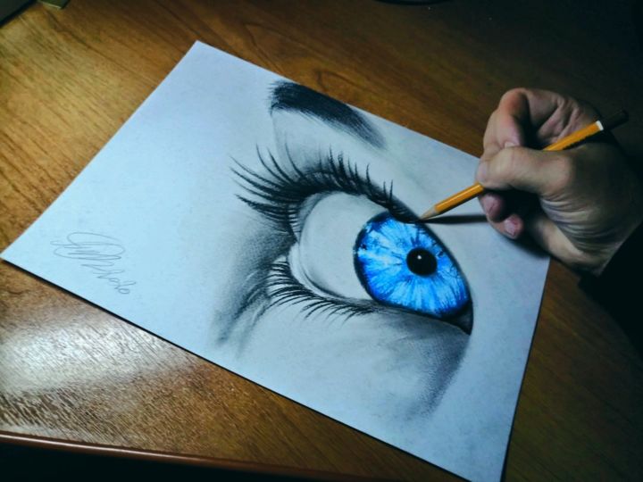 Dessin intitulée "Голубой глаз" par Evgenii Tkachenko, Œuvre d'art originale, Crayon