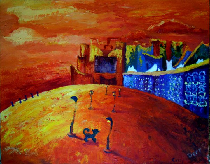 Malerei mit dem Titel "Catty town" von Evgeniya Degtyareva, Original-Kunstwerk, Öl