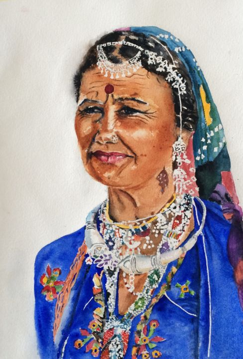 Malerei mit dem Titel "Colorful woman" von Ewa Helzen, Original-Kunstwerk, Aquarell