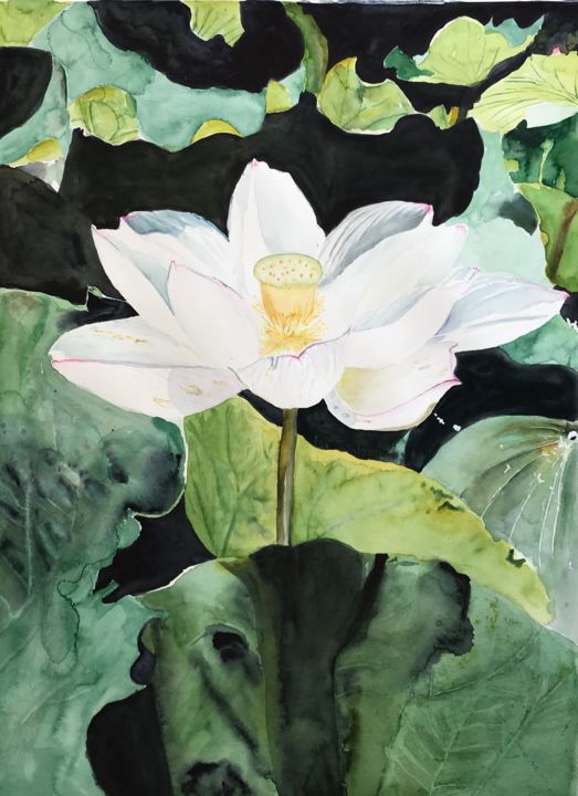 Painting titled "White lotus flower" by Ewa Helzen, Original Artwork, Watercolor