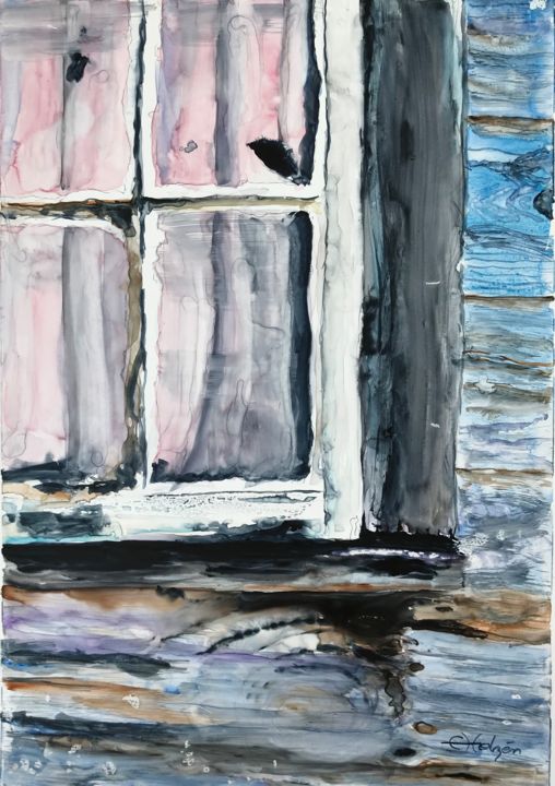 Painting titled "Old window" by Ewa Helzen, Original Artwork, Watercolor