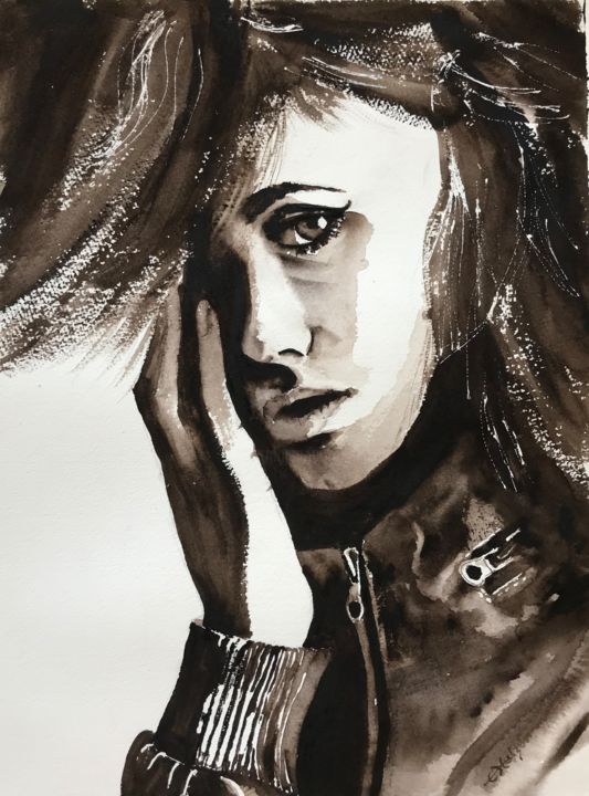 Ζωγραφική με τίτλο "Girl on leather jac…" από Ewa Helzen, Αυθεντικά έργα τέχνης, Ακουαρέλα