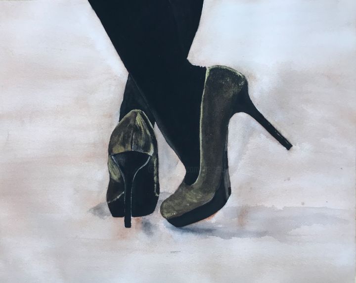 Painting titled "Golden shoes" by Ewa Helzen, Original Artwork, Watercolor