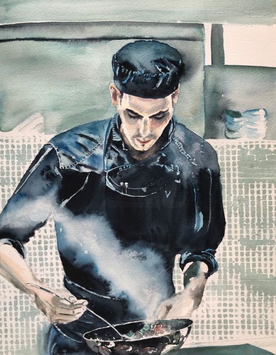 Painting titled "The chef" by Ewa Helzen, Original Artwork, Watercolor