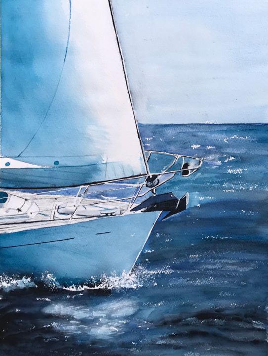Картина под названием "Sailing in Sweden" - Ewa Helzen, Подлинное произведение искусства, Акварель