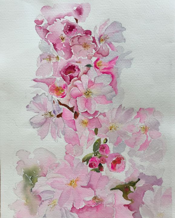 Painting titled "Almond bloom" by Ewa Helzen, Original Artwork, Watercolor