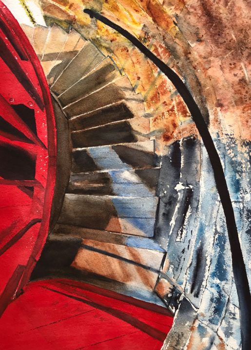 Schilderij getiteld "spiral staircase" door Ewa Helzen, Origineel Kunstwerk, Aquarel