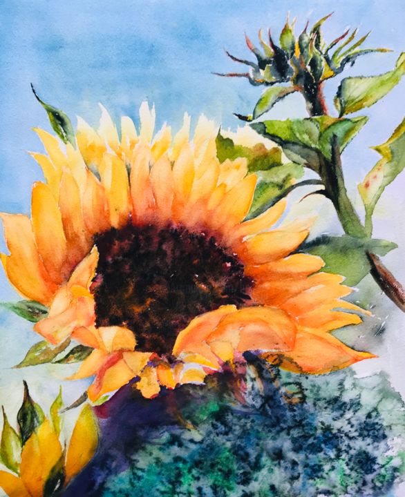 Pittura intitolato "Sunflower" da Ewa Helzen, Opera d'arte originale, Acquarello