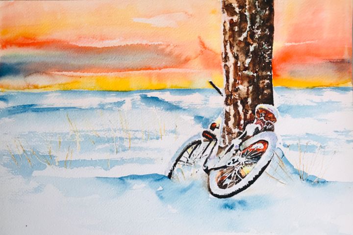 Painting titled "Lost bike" by Ewa Helzen, Original Artwork, Watercolor