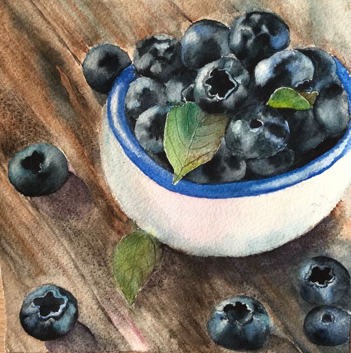 Painting titled "Blueberries" by Ewa Helzen, Original Artwork, Watercolor