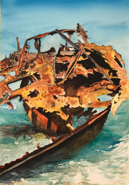 Painting titled "Rusty bout wreck" by Ewa Helzen, Original Artwork, Watercolor