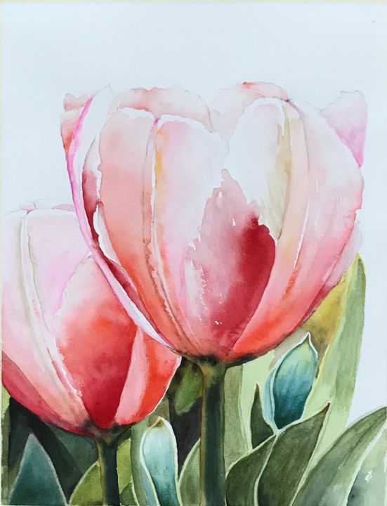 Painting titled "Tulips with leaves" by Ewa Helzen, Original Artwork, Watercolor