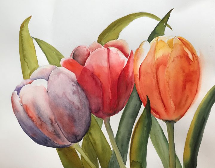 绘画 标题为“Three tulips” 由Ewa Helzen, 原创艺术品, 水彩