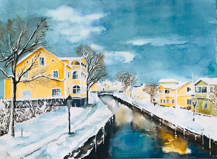 Malerei mit dem Titel "Winter day in Sweden" von Ewa Helzen, Original-Kunstwerk, Aquarell