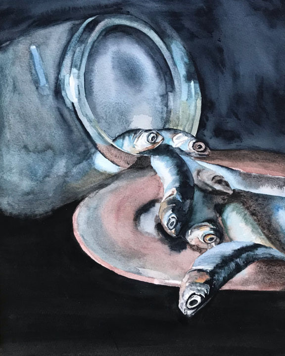 Painting titled "Fish" by Ewa Helzen, Original Artwork, Watercolor