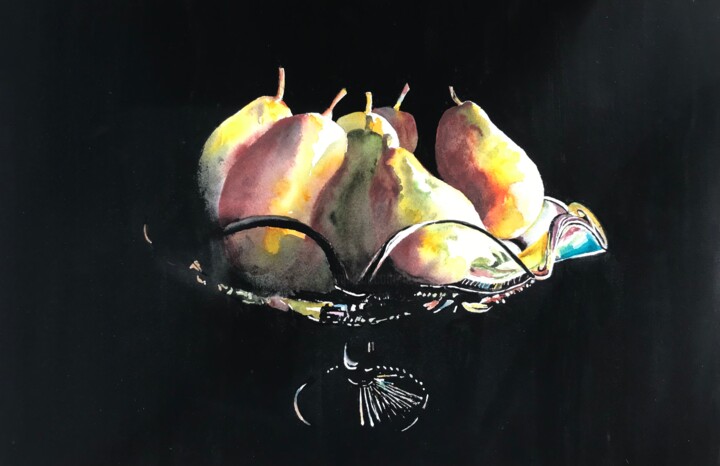 Картина под названием "Pears in a Bowl" - Ewa Helzen, Подлинное произведение искусства, Акварель