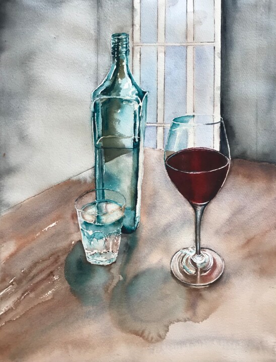 Картина под названием "A glass of red" - Ewa Helzen, Подлинное произведение искусства, Акварель