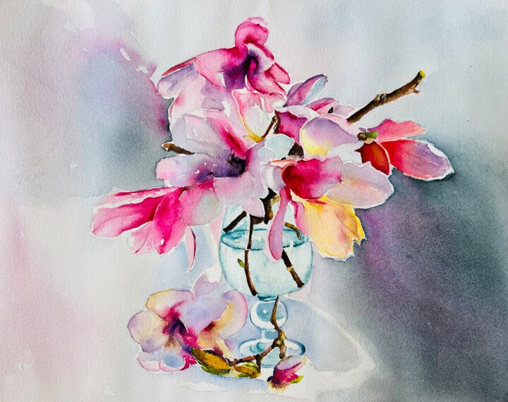 Painting titled "Apple flowers i a v…" by Ewa Helzen, Original Artwork, Watercolor