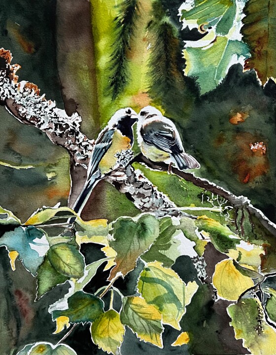 Painting titled "Birds in forest" by Ewa Helzen, Original Artwork, Watercolor