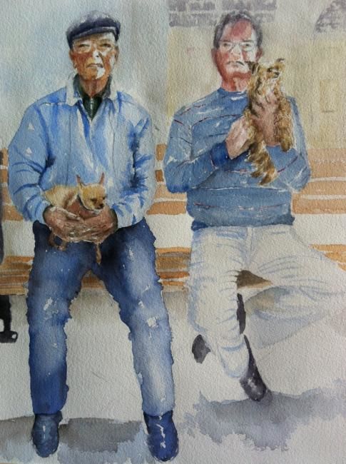 Pittura intitolato "Two men with dogs" da Ewa Helzen, Opera d'arte originale, Acquarello