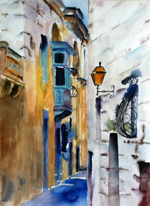 Schilderij getiteld "mdina.jpg" door Ewa Helzen, Origineel Kunstwerk, Aquarel