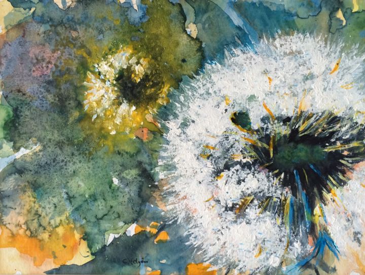 Malerei mit dem Titel "Dandelion in a fiel…" von Ewa Helzen, Original-Kunstwerk, Aquarell
