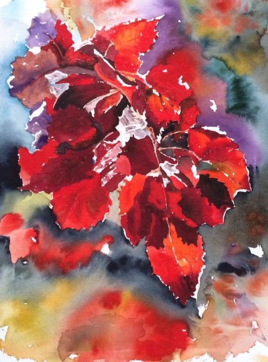 Painting titled "Red leaves.jpg" by Ewa Helzen, Original Artwork, Watercolor