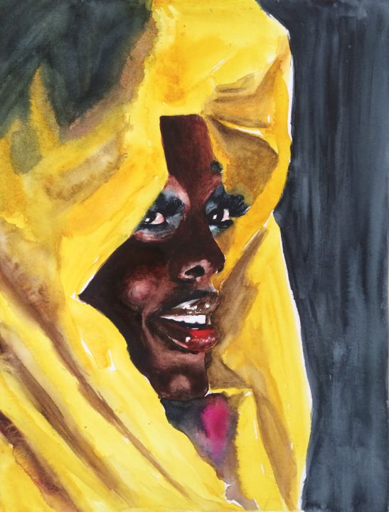 Painting titled "lady-in-yellow.jpg" by Ewa Helzen, Original Artwork, Watercolor