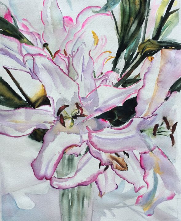 Pittura intitolato "White lillies.jpg" da Ewa Helzen, Opera d'arte originale, Acquarello