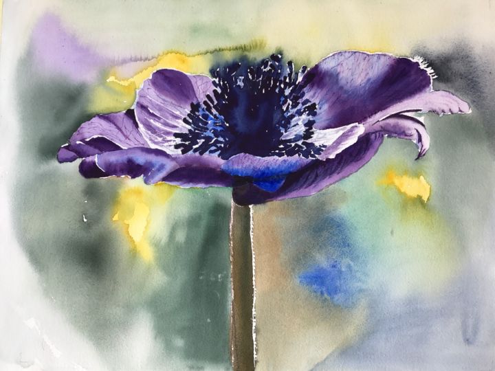 Painting titled "Anemone" by Ewa Helzen, Original Artwork, Watercolor