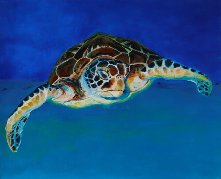 Pittura intitolato "Hawskbill turtle" da Ewa Hewelt, Opera d'arte originale, Acrilico
