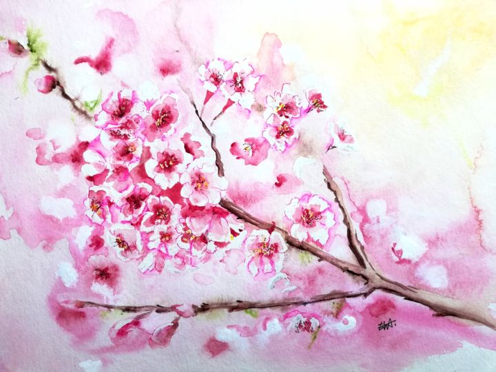 Painting titled "Cerisiers du Japon" by Ewa Rey, Original Artwork, Watercolor