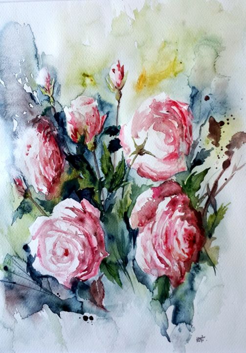 Pintura intitulada "Lumière de roses" por Ewa Rey, Obras de arte originais, Aquarela