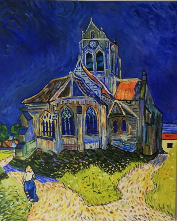 Painting titled "EGLISE D'AUVERS SUR…" by Ewa Tourrette, Original Artwork, Oil Mounted on Wood Stretcher frame