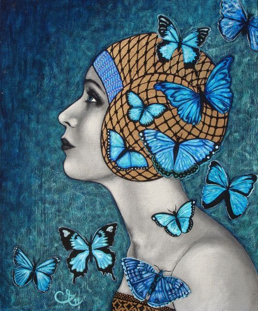 Painting titled "Les papillons bleus" by Céline Excoffon, Original Artwork, Oil