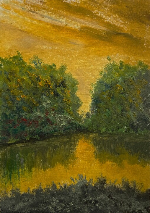 Painting titled "GOLDEN LAKE — MODER…" by Ildar Minnegalimov (exesalle), Original Artwork, Oil