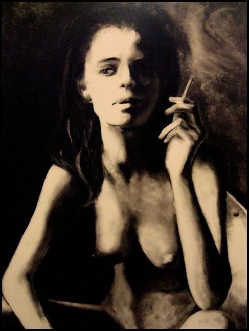 Pittura intitolato "La fumatrice d'erba" da Exhibit01, Opera d'arte originale, Olio