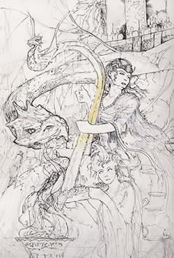 Drawing titled "Harp and Dragon" by Ed Snook, Original Artwork, Ink