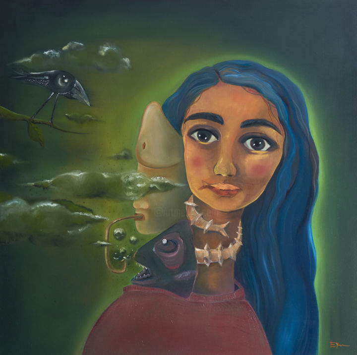 Painting titled "Corazón Contento (H…" by Eynar Becerra, Original Artwork, Oil Mounted on Wood Stretcher frame