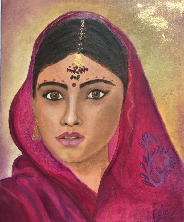 Painting titled "Indira, beauté indi…" by F-Elle, Original Artwork, Oil